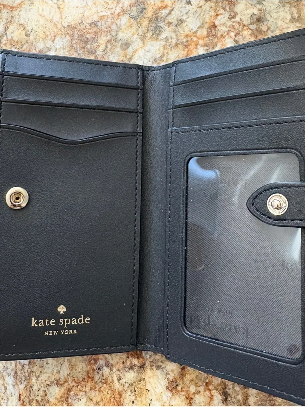 kate spade Black Pebbled Leather Zip Wallet with Gold Logo